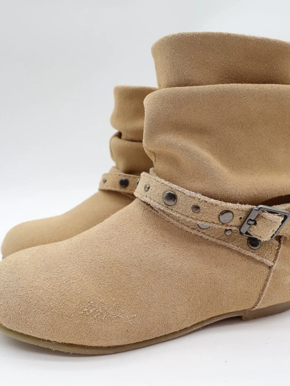 L'Amour Girls Size 11 Tan Leather Slouch Studded Buckle Ankle Boots